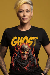 Espectacular camiseta de motero Ghost Rider, inspirada en el personaje de comic el motorista fantasma. Ideal para los que buscan camisetas de moteros o qué regalar a motero